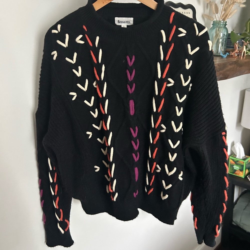 Chic Black Sweater with Colorful Embroidery
